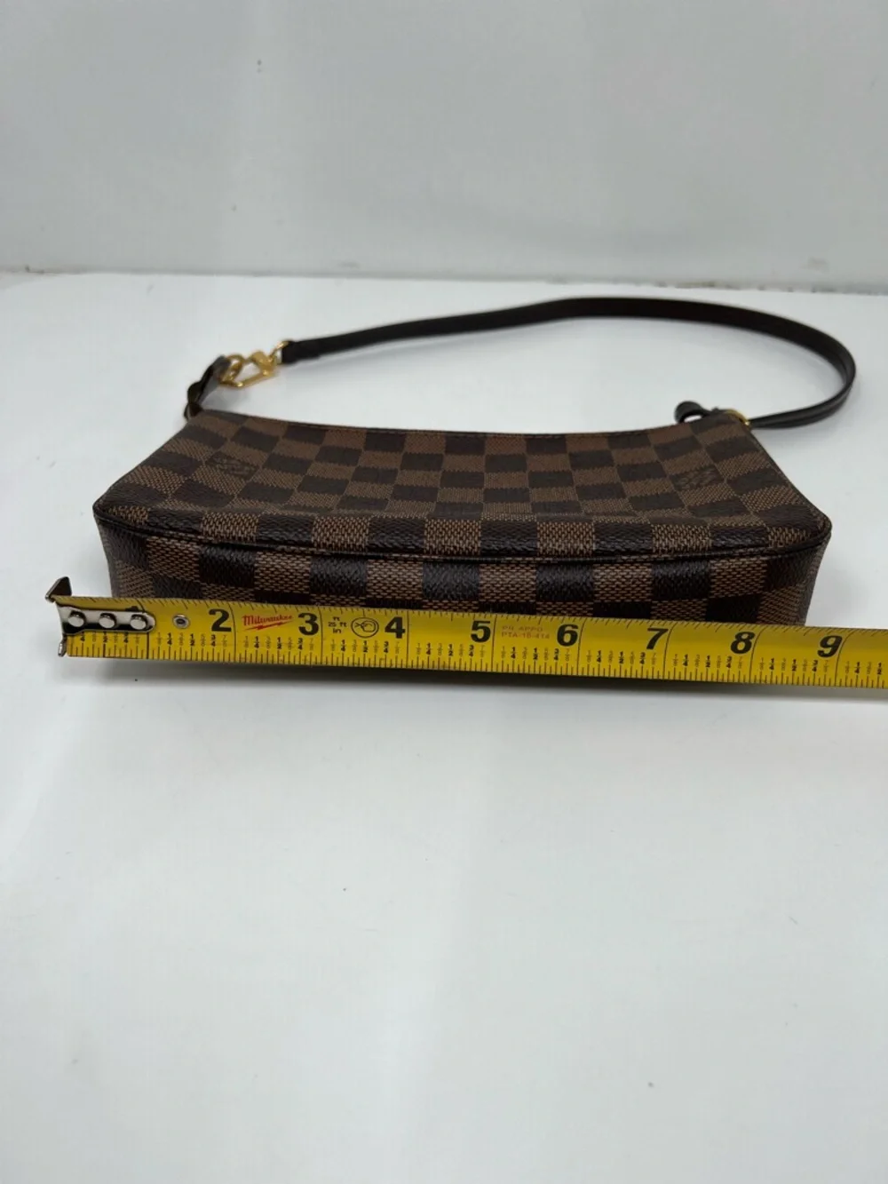 Louis Vuitton Damier Ebene Pochette Shoulder Bag Zip, Strap, Gold HW, Red Lining